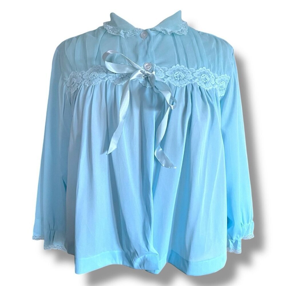 Vintage Blue Swan Womens Bed Jacket Sz Medium Sheer Nylon Lace Sissy Coquette